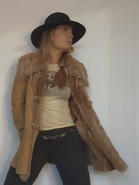 Stefano Sarti Shearling Coat Fur Collar Leather Y2K Luxury Italy S-M